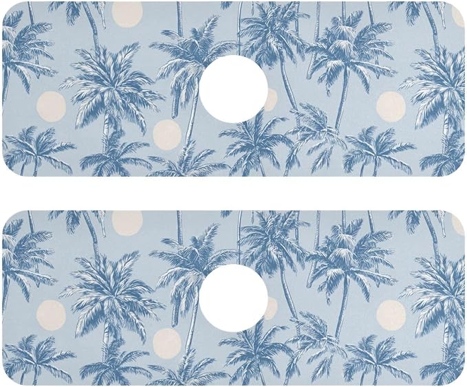 Kitchen Sink Splash Guard 2 PCS 14.7 Inch Sink Faucet Mat Splash Guard for Bathroom Countertop Water Absorbent Foldable Cuttable Soft Washable Light Blue Palm Trees and Sun