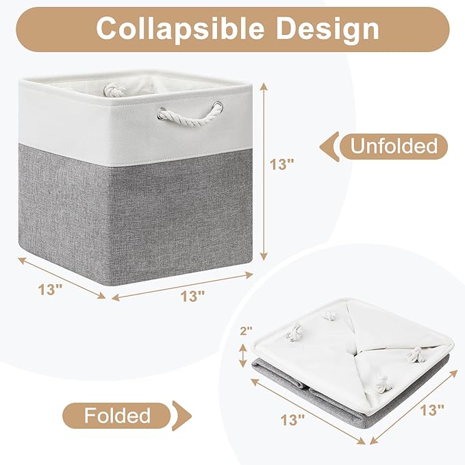13x13 Storage Cube Bins 4Pack,Collapsible Cube Storage Organizer for Closet, Fabric Storage Box w/ Rope Handles, Foldable Storage Baskets for Shelves, Clothes,Closet Organization - White/Gray