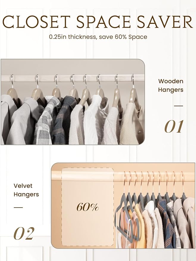Smartor Grey Velvet Hangers 50 Pack, Non Slip Clothes Felt Hanger Heavy Duty for Coat, 360° Rotating Rose Glod Hook, Premium Slim Space Saving Hangers for Closet Organizer and Storage