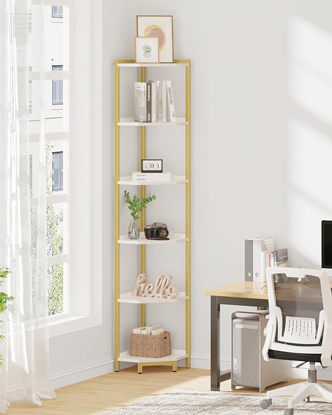 Corner Shelf Stand, Corner Bookshelf, Storage Standing Shelf Unit with Metal Frame, Plant Stand, Bookcase for Living Room, Home Office, Bedroom, 6-Tier White Gold CS06003A