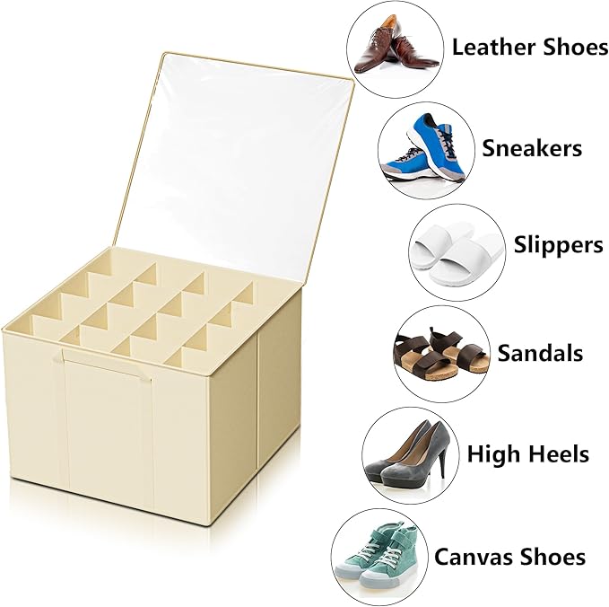 SUOCO 2 Pack Shoe Organizer for Closet, Fits up to 32 Pairs, Small Space Shoe Storage Boxes Bins Containers w/Adjustable Dividers and Clear Top, Black, Beige