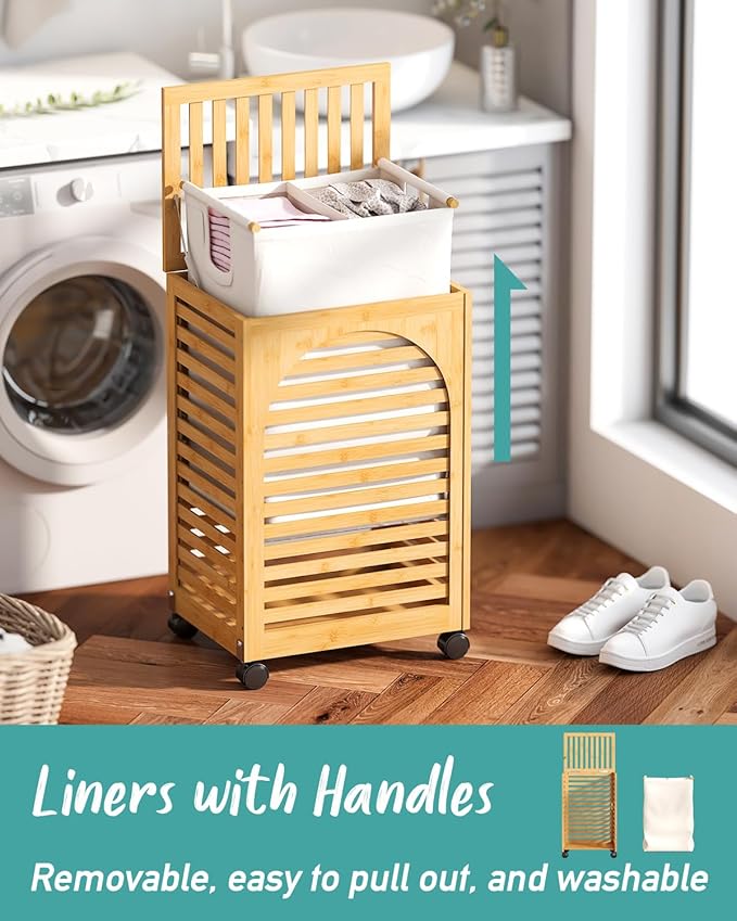 Laundry Hamper with Wheels, Laundry Basket with Lid, 22.5Gallon (85L) Bamboo Wood Clothes Laundry Hamper 2 Section with Handles, Removable Liner
