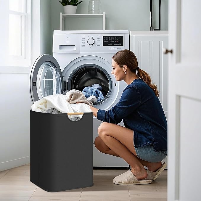 STORAGE MANIAC 3-Pack Large Laundry Hamper, 100L (26.4 Gal) Collapsible Laundry Basket with Bamboo Handles, Freestanding Waterproof Clothes Hamper for Laundry Room, Bedroom, Dorm, Towels, Toys, Black