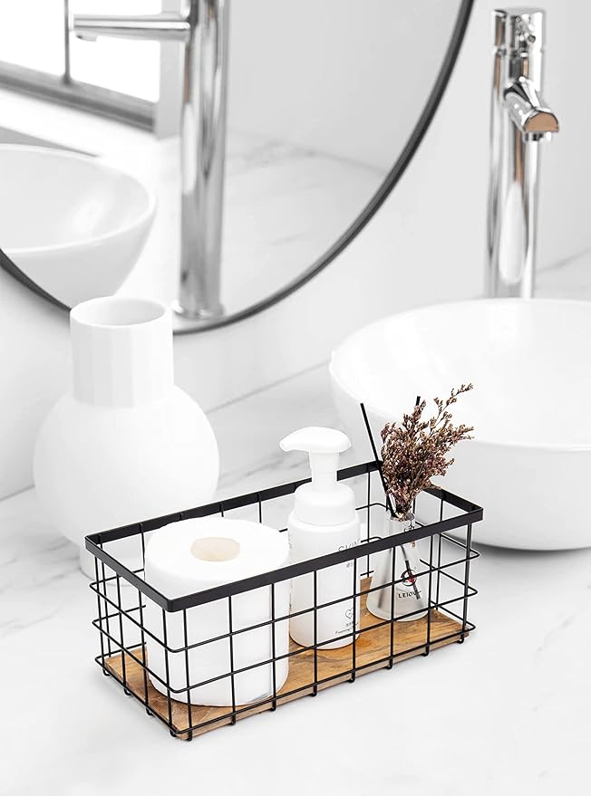 TIEYIPIN Farmhouse Decor Metal Wire Storage Baskets, Wood Base Containers Organizing Basket Caddy Bin for Kitchen Cabinets, Bathroom, Pantry, Garage, Laundry Room, Closets - Small - Black (Set of 3)