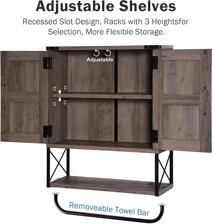 RUSTOWN Farmhouse Medicine Cabinet with 2 Barn Door, Wood Wall Mounted Storage Cabinet with Adjustable Shelf and Towel Bar, 3-Tier Bathroom Cabinet for Bathroom, Living Room(Washed Oak, Medium)