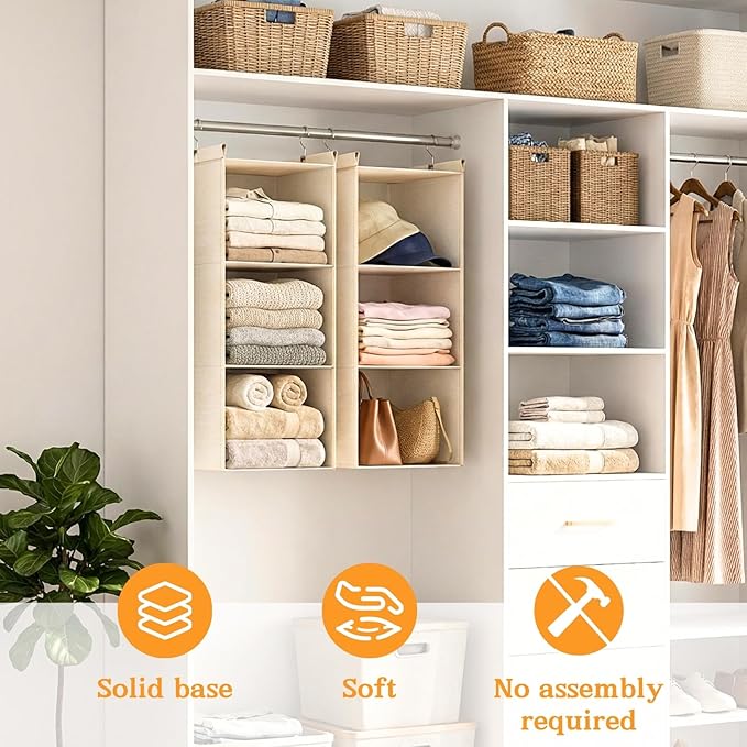 Ofiray-home Pure Cotton Dual Hanging Closet Organizer, 2-Pack 3-Tier Breathable Storage Bags for Wardrobe, RV, Nursery, Small Closets Heavy-Duty Cotton, Natural Beige