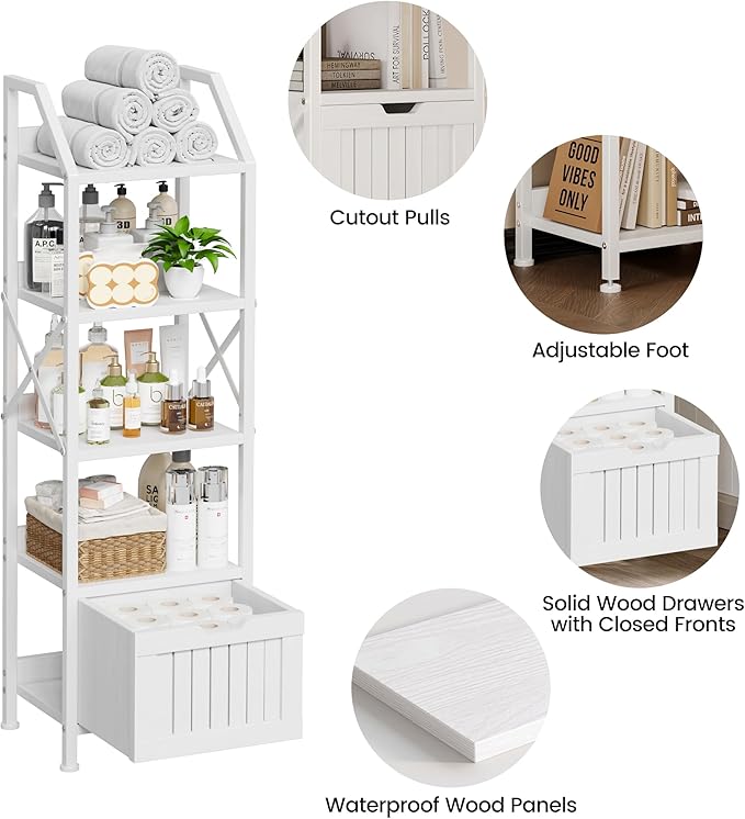 Homeiju Bathroom Floor Cabinet, 5-Tier Bathroom Storage Organizer Rack with Drawer, Multifunctional Corner Unit, 47.24 Inches in Height, White