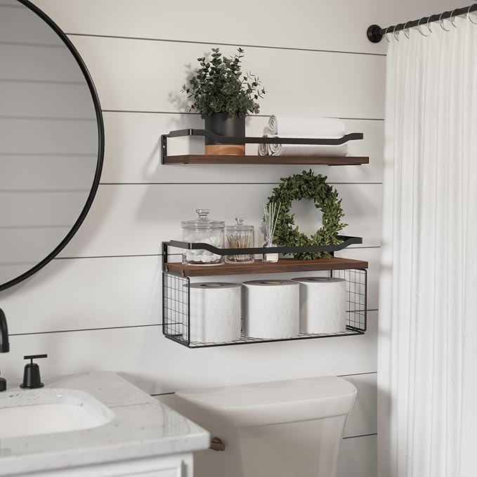 WOPITUES Floating Shelves with Wire Storage Basket, Bathroom Shelves Over Toilet with Protective Metal Guardrail, Wood Wall Shelves for Bathroom, Bedroom, Living Room, Toilet Paper- Dark Brown