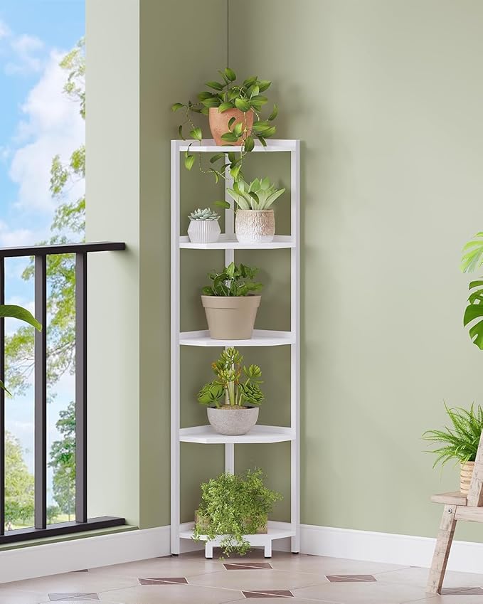 Corner Shelf Stand, Corner Bookshelf, Storage Standing Shelf Unit with Metal Frame, Plant Stand, Bookcase for Living Room, Home Office, Bedroom, 5-Tier White CS05913W