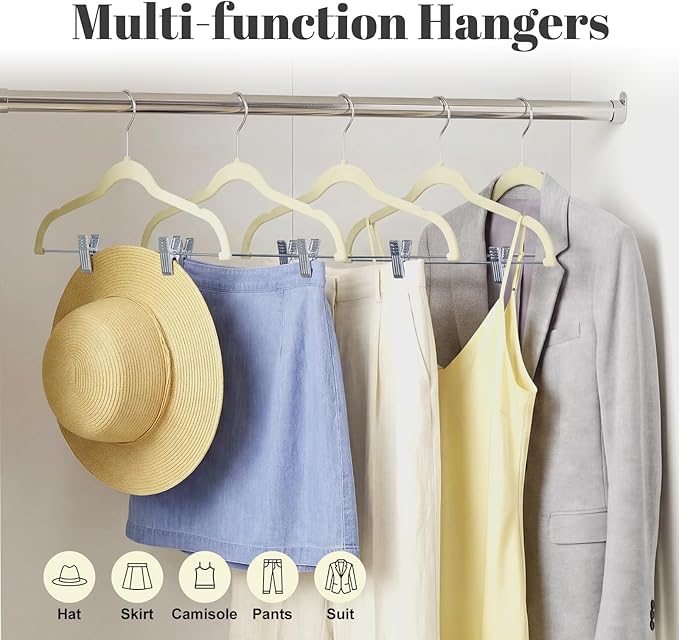 HOUSE DAY Velvet Skirt Hangers 36 Pack, Beige Velvet Pant Hangers with Adjustable Clips, Space Saving Slim Shorts Hanger, Heavy Duty Non Slip Clip Hanger for Pants, Skirts, Shorts