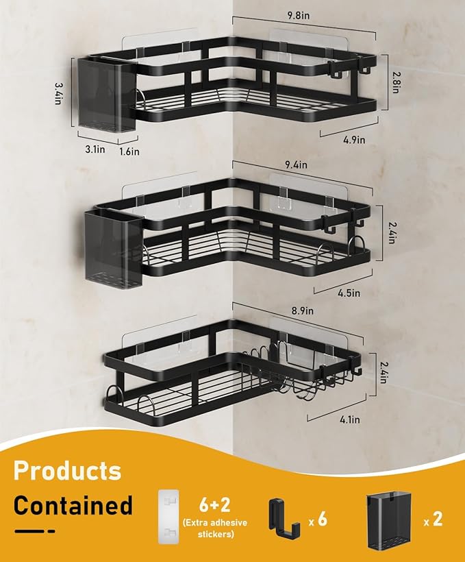 3 Pack Corner Shower Caddy Organizer, Rustproof Corner Shower Shelves, No Drilling Bathroom Corner Shelf with Hooks and Toothpaste Holder