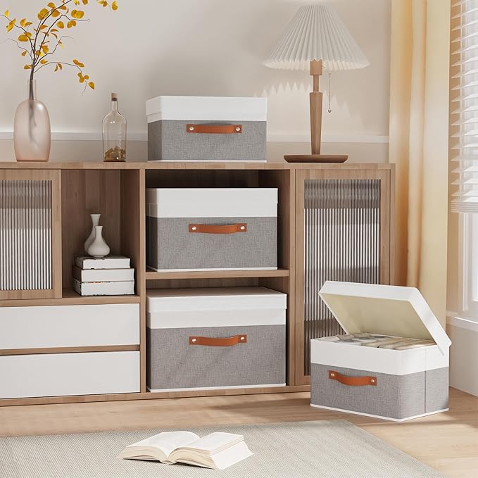YheenLf Fabric Storage Bin, Storage Basket with Lids, Closet Organizer Box with Handles for Shoes Books Towels, White and Grey, 1 Pack, 13 x 9.1 x 7.9 Inch