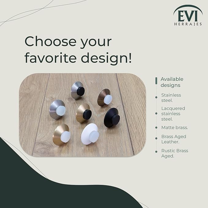 EVI Hardware | Adhesive Door Stop | Wall Mounting | 1.77 x 0.66 | Rustic Brass | White and Black Rubber Included | Adhesive or Screw Installation | Modern Conical Design