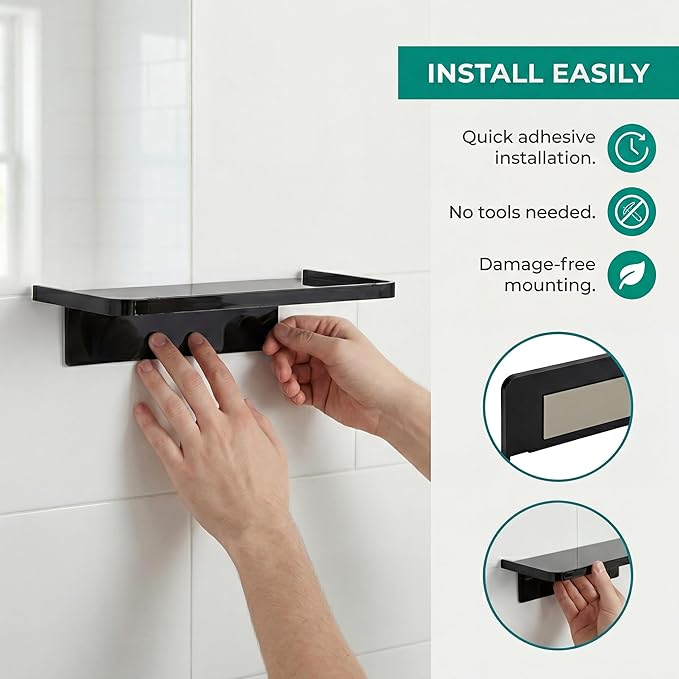 EHKIT Small Floating Shelf Heavy Acrylic Adhesive Stick on Sticky Strips/Nail Screws Wall Mount Bathroom Organizer Wipes Phone Glasses Essential Oil Perfume (Silver)
