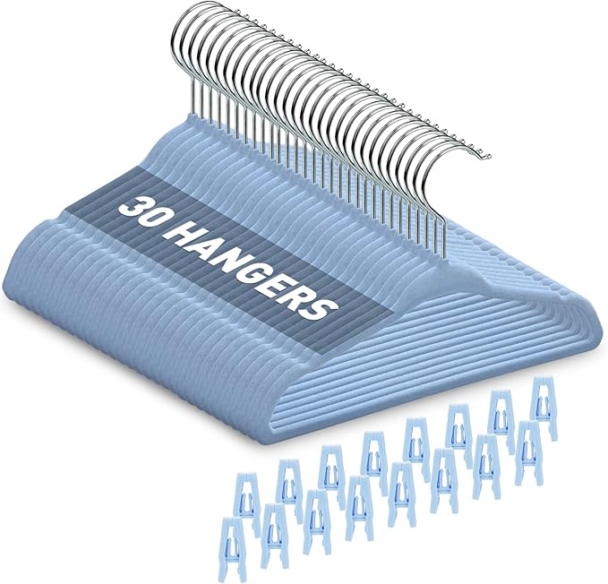 Velvet Baby Hangers with Clips (30 Pack) | 11” Ultra-Slim Baby Clothes Hangers | Non-Slip Felt | Space-Saving Nursery & Infant Closet Organizer | Blue