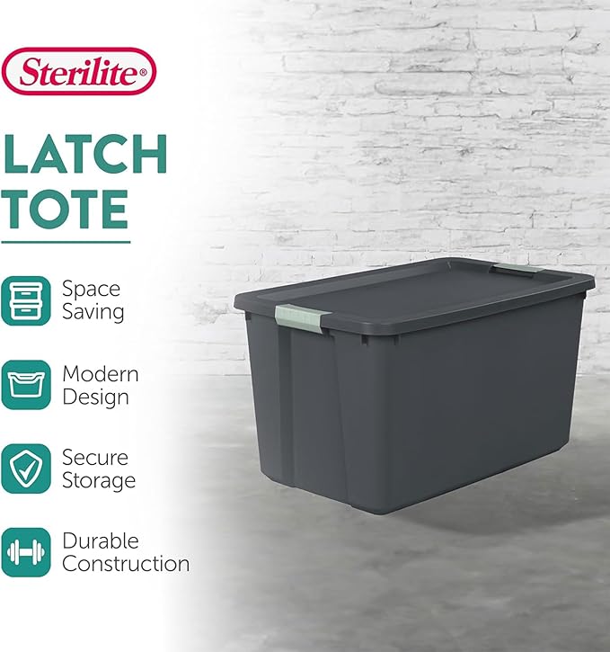 Sterilite 12 Pack 34 Gallon Latch Tote, Stackable Plastic Storage, Gray/Green