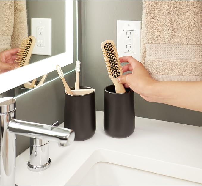 iDesign Toothbrush Holder with Removable Wood Divider for Bathroom Countertops - Matte Black