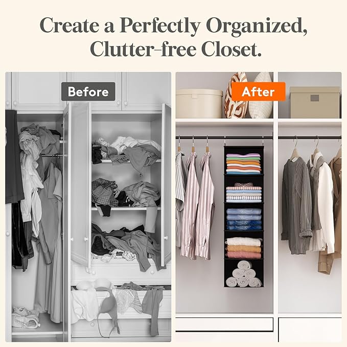 Lifewit 5 Tier Hanging Closet Organizer and Storage for Shelves, Foldable Clothes Storage Shelf with 2 Sturdy Hooks for Clothing Organization, Dorm Room Essentials for Guys, Black