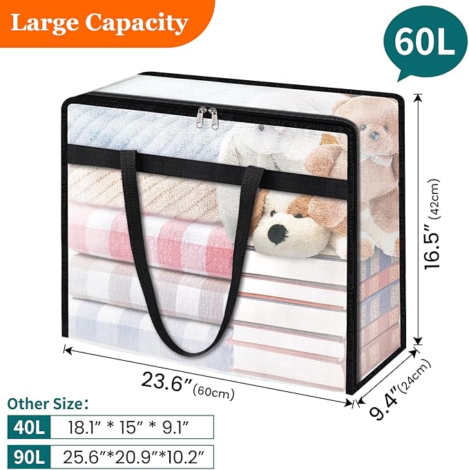 4 Pack Clear Storage Bags for Comforter, Clothes & Bedding, Plastic Blanket Storage with Zipper and Handle, Moving Bags, Closet Organizer and Under-Bed Storage (60L)
