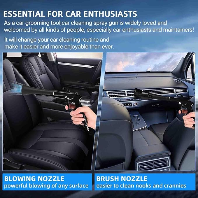 Car Cleaning Gun,High Pressure Air Blow Gun,Fast Interior Dryer Car Detailing Kit,Car Detailing Tools for Quickly Blowing Dust and Dirt Away Working with Compressed Air(2 MORE REPLACEMENT BRUSH HEADS)