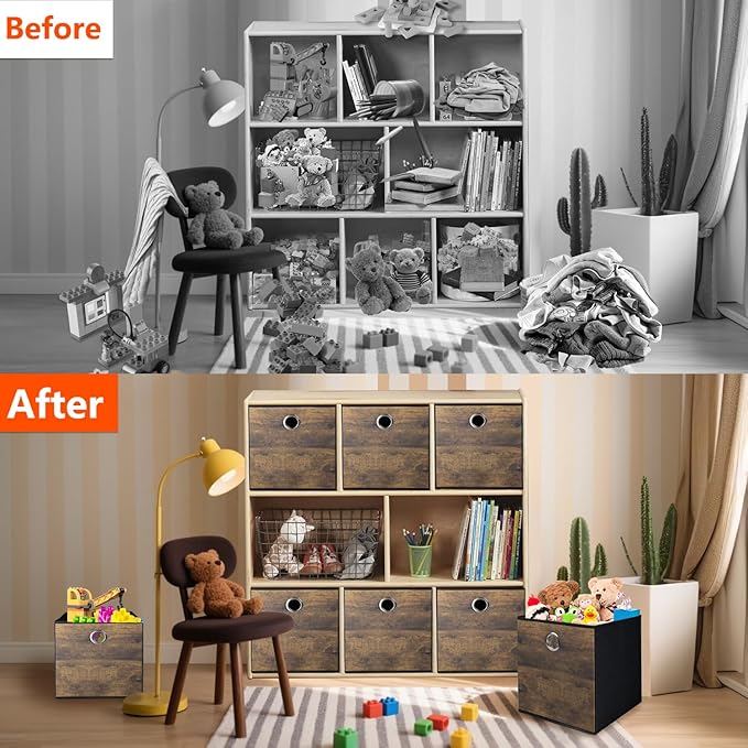 Thickened Fabric Storage Bins with Wood Grain,Foldable Storage Cubes Decorative Boxes,Sturdy Cube Organizer Basket for Shelves,Closet,Home,Office, Nursery,Dorm,Brown with Black,3 Pack (10.2x10.2x11in)