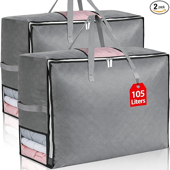 2Pack 105L Extra Large Blanket Comforter Storage Bags, Foldable Storage Bags for King Comforter Bedding Pillow Sheet Clothes with Handles Zippers Clear Window Closet Organizers and Storages, Grey