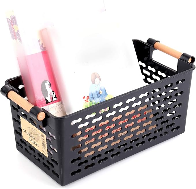 Yesland 6 Pack Plastic Storage Basket, Black Basket Organizer Bin with Handles for Home Office Closet, 6 x 12 x 5 Inches