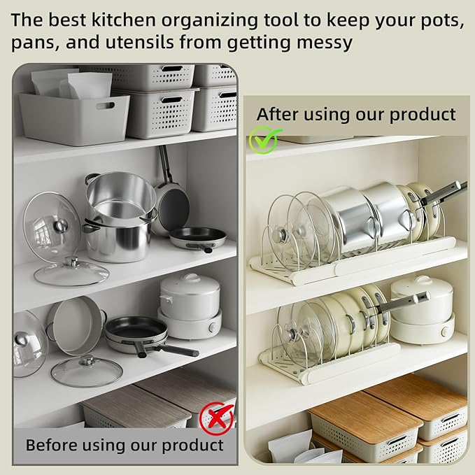 2 Pack Pots and Pans Organizer Under Cabinet - Expandable Pot Lid Holder with Adjustable Dividers, Baking Tray & Pan Storage Rack for Kitchen Cabinets