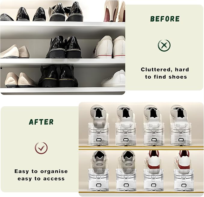 FENRUNXU Transparent Shoe Slots Organizer for Closet, 20 Pack Shoe Stacker Organizer for Closet Shoe Display Space Saver,Adjustable Shoe Rack Organizer Holder for High Heels,Sneakers(Transparent)