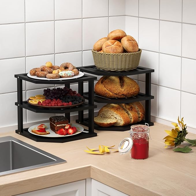 3 Tier Bamboo Corner Shelf(2 Pack),Dish Drying Rack,Plate Organizer,Kitchen Spice Rack for Countertop and Cabinet(Black)