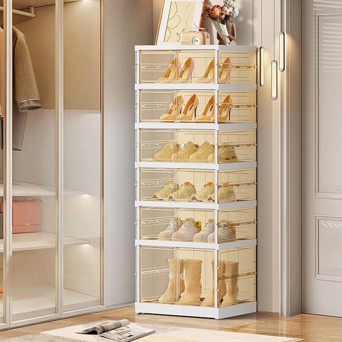 EHAMILY 6 Tiers 6-12 Pairs Foldable Shoe Boxes Large Plastic Shoe Storage Rack Collapsible Shoe Organizer for Closet Tall Shoe Shelf Clear Stackable Shoes Cabinet with Doors Entryway