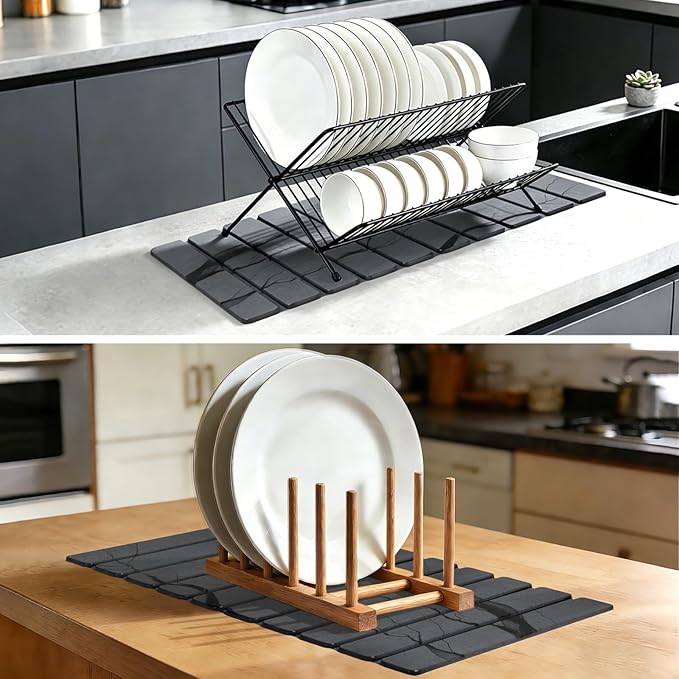 Large Stone Dish Drying Mat for Kitchen Counter, Thin & Light Quick Dry Stone Dishes Mats, Foldable Water Absorbing Diatomite Drying Pad for Kitchen Bathroom Sink Countertop (Gray Ink 24"×16" & 8"x4")