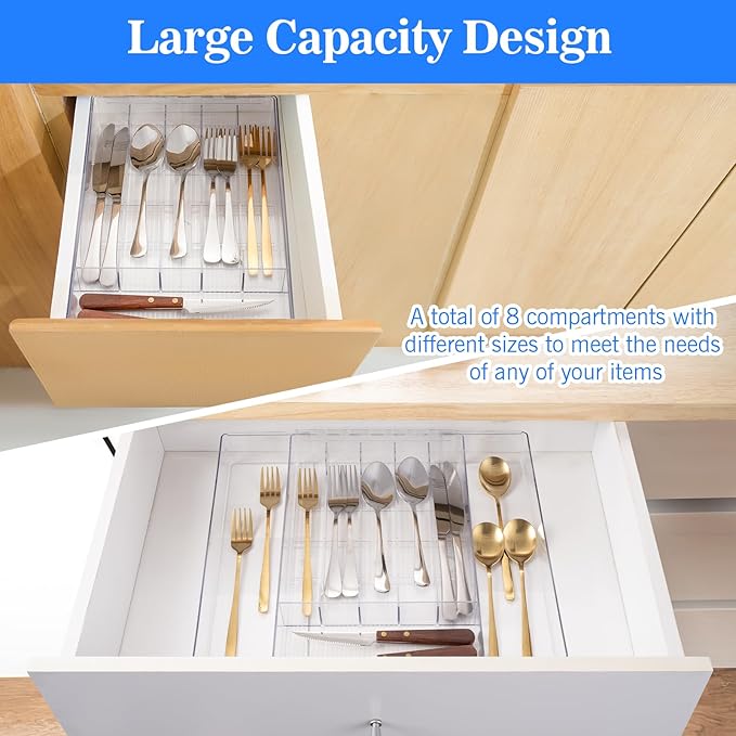 HOMEE Expandable Kitchen Drawer Organizer for Flatware & Utensils, Acrylic Cutlery Organizer, Desk Drawer Organizer