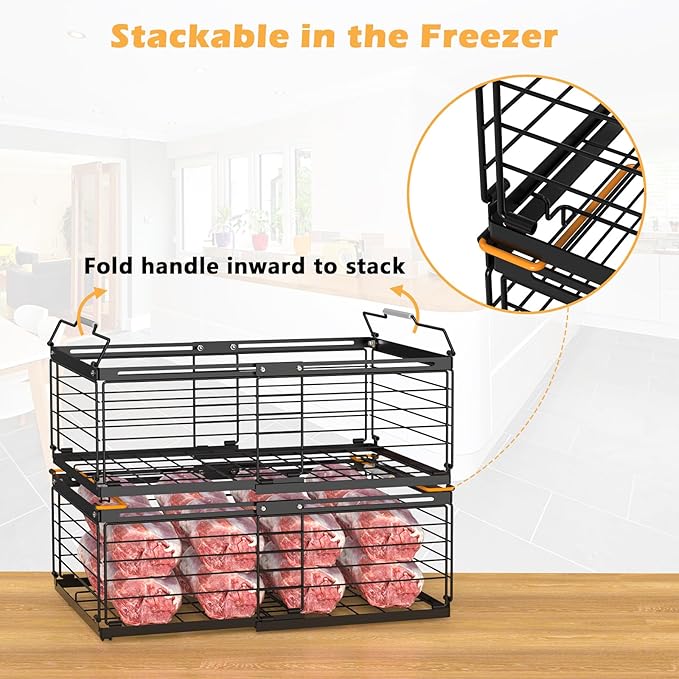 NADAMOO Freezer Organizer Bins, 4 Packs Large Expandable Stackable Chest Freezer Containers with Handle, Metal Adjustable Storage Baskets for Fridge, Deep Freezer, Cabinet, Kitchen, Pantry - Black