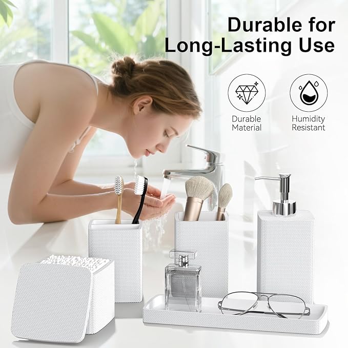 White Bathroom Accessories Set 5 Pieces, Resin Toothbrush Holders Set Complete with Soap Dispenser, Toothbrush Holder, Vanity Tray, Bathroom Tumbler and Qtip Holder for Small Spaces