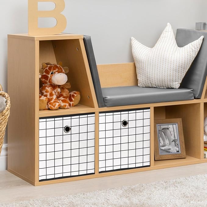 Foldable Storage Cubes Bins,11 Inch Cloth Storage Cube Fabric Storage Box Cubes Organizer Baskets with Dual Handles for Home Organizer Set of 3 (White grid)