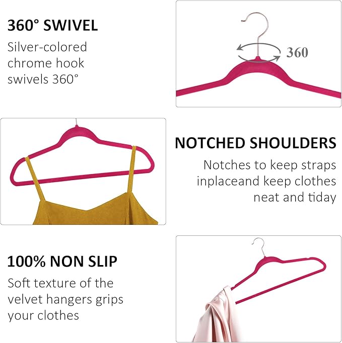 VECELO Premium Velvet Clothes Hangers Suit Heavy Duty (100 Pack)-Non Slip & Space-Saving with 12 Finger Clips & 2Tie Rack Excellent for Men and Women,Rose