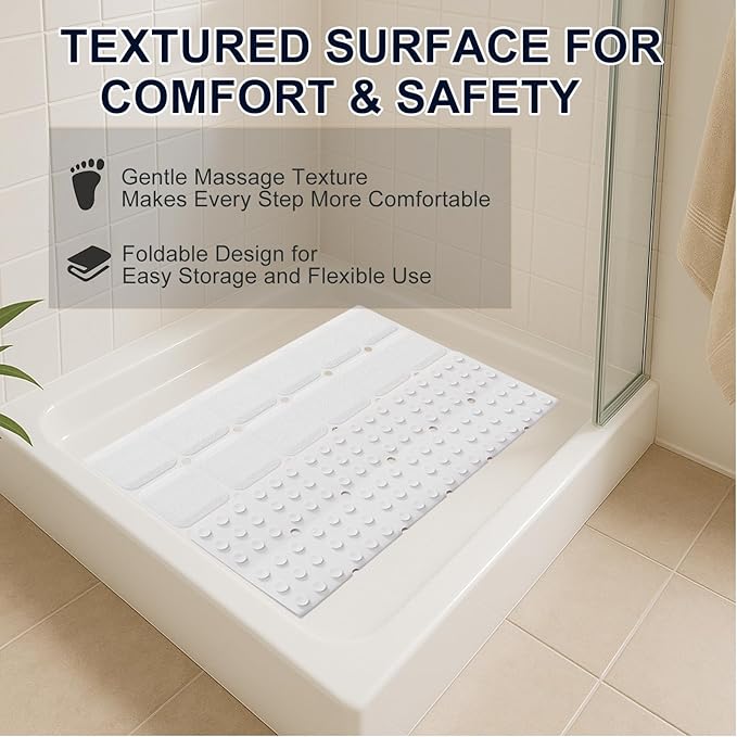 Webos Anti Slip Shower Mat for Tub & Shower Stall, 21" x 21" Square Silicone Bathtub Mat with Powerful Suction Cups, Fast-Draining, Machine Washable Soft Foldable Bathroom Mat, White