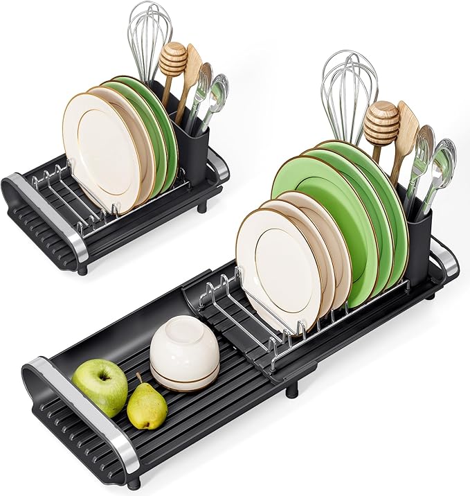 Small Dish Drying Rack, Mini Expandable Compact Dish Rack, Slim Extendable Stainless Steel Dish Drainer for Kitchen Plate Storage, Space Saving Dish Strainer in Sink or on Home Countertop, Matte Black