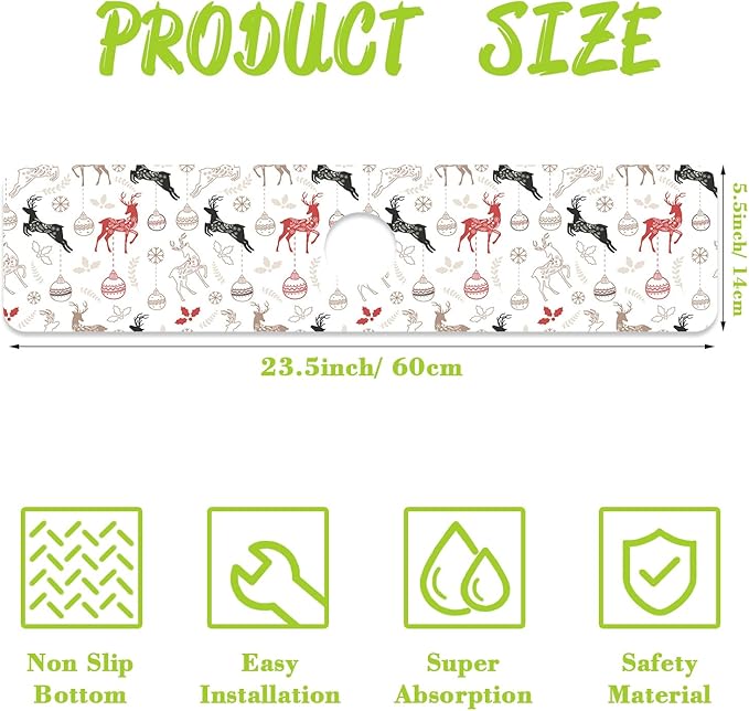 Chrismas Sink Faucet Absorbing Mat Christmas Sink Splash Guard Drying Mat for Kitchen Bathroom Faucet Sinkmat 23.5"X5.5"
