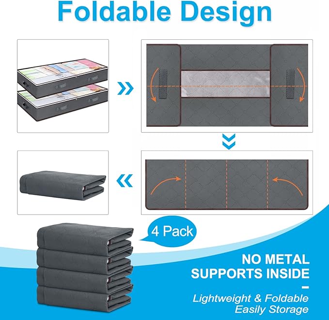 Budding Joy 90L Under Bed Storage Containers, Closet Organizers and Storage Bins, Foldable Underbed Storage Bags for Linen Sheets, Blanket, Clothing, Comforter, Sweaters, Pillows, Wrapping Paper, Grey