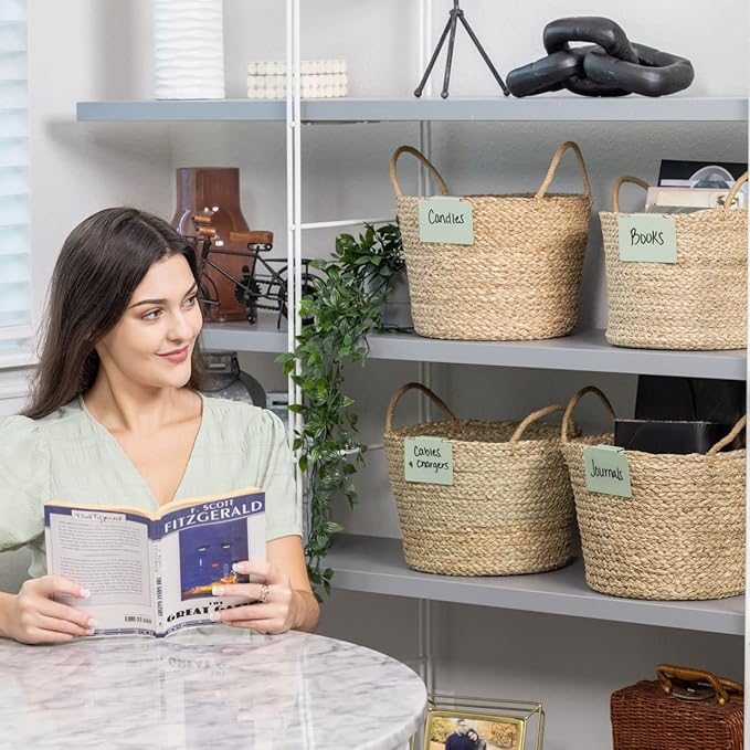 Hygge & Sage: Metal Non-Slip Basket Labels Clip On for Storage Bins, or Wire Racks | Includes 8 Labels, 8 Non-Slip Pads, and 2 Free Markers (Sage Green)