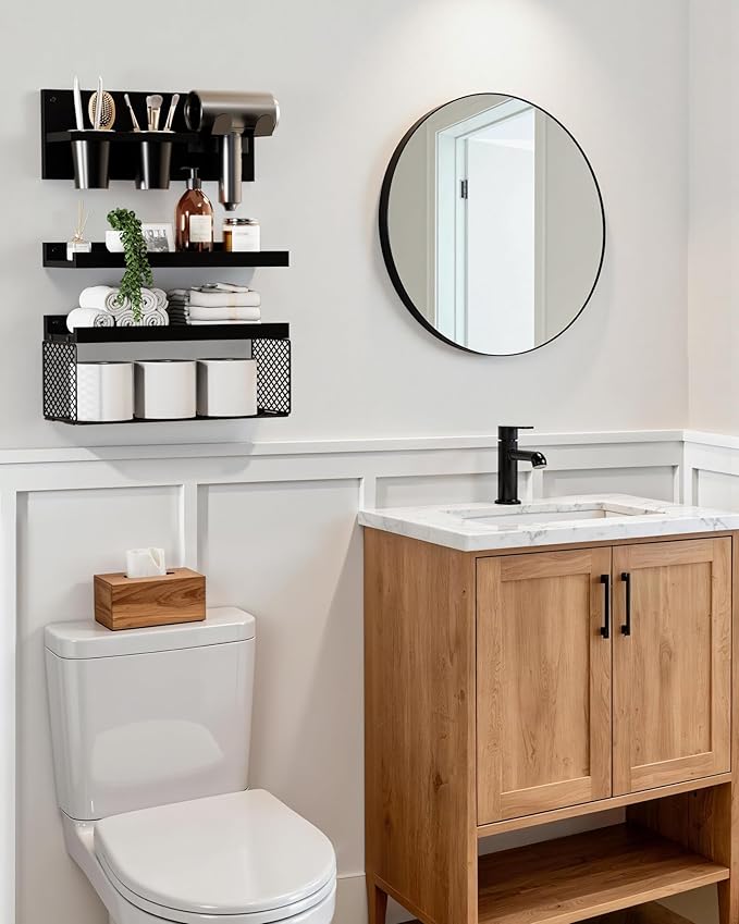 Puricon Floating Bathroom Shelves with Hair Dryer Holder, 3-Tier Rustic Wood Wall Mounted Organizers Set, Space Saving Over-Toilet Storage and Home Decor Hanging Rack -Black