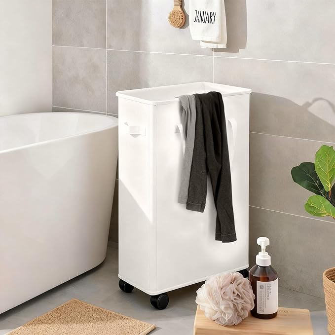 85L Laundry Hamper with Wheels, Lid, Handles & Collapsible, Slim Tall Rolling Laundry Basket for Small Spaces, Foldable Dirty Clothes Organizer for Bedroom, Dorm, Laundry Room, Bathroom,Beige