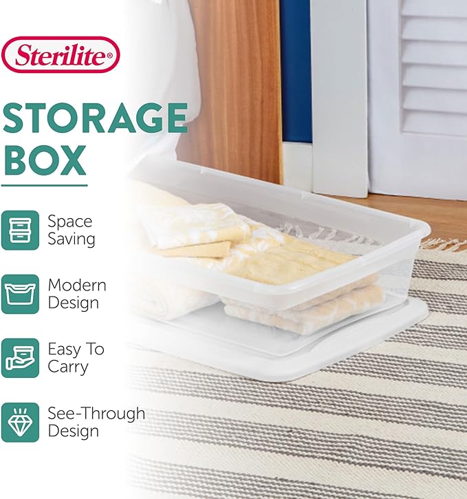 Sterilite 24-Pack 41 Quart Storage Box, Stackable Clear Plastic Bins with Snap-On Lids - Heavy-Duty Organizing Containers for Closet, Bathroom, and Office