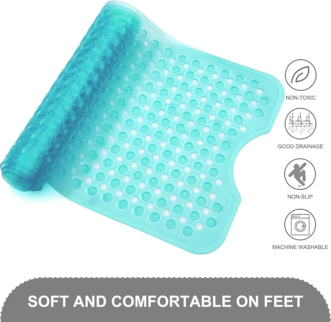 Bath Tub and Shower Mats, Non Slip 40 x 16 Inch Extra Large Bathtub Mat, Machine Washable Bathmat with Drain Holes, Suction Cups for Bathroom Floor, Clear Turquoise