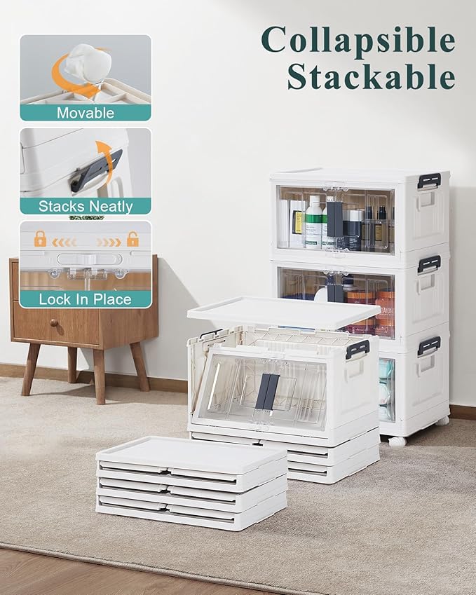 OlarHike 23QT Stackable Storage Bins with Lids - Folding Storage Box with Doors and Wheels, Collapsible Plastic Storage Bins for Closets and Organization, Bathroom, Gifts, 3 Pack Cubes