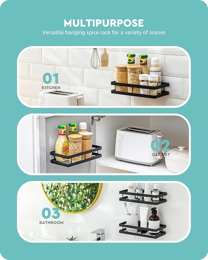 Baffect Metal Spice Rack Wall Mount Floating Shelves 2 Pack Black Storage organizer for Cabinet Door Pantry Kitchen Bathroom Supplies (13.7inches length)