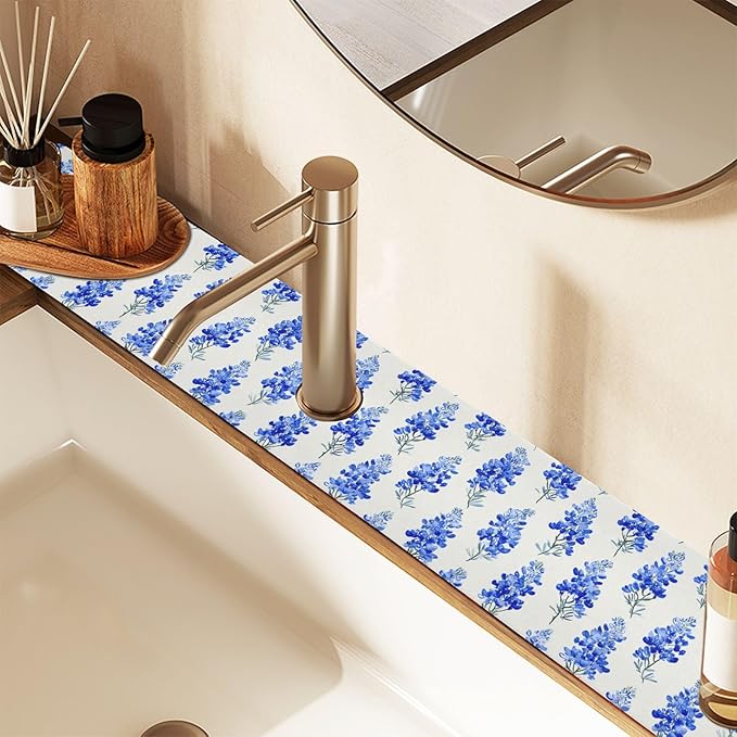 Watercolor Bluebonnets Lavender Herb Kitchen Sink Splash Guard Sink Faucet Mat Faucet Handle Drip Catcher Drain Mats for Kitchen Bathroom Countertop Absorbent Dish Drying Pad 2Pack