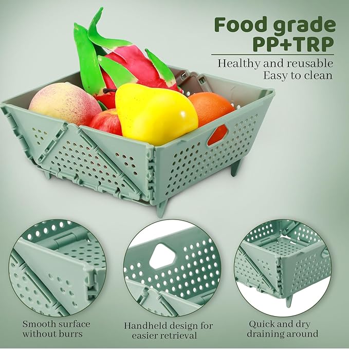 Plastic Collapsible Strainers and Colanders, Foldable Food Strainer for Kitchen, Space-Saving Folding Drain Basket Bowl for Pasta Fruit Vegetables Drainage Storage Dishwasher (Green)